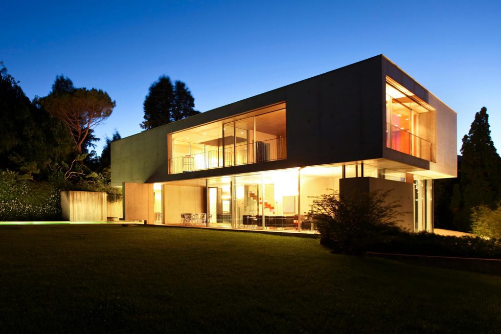 Architecturally designed home at night